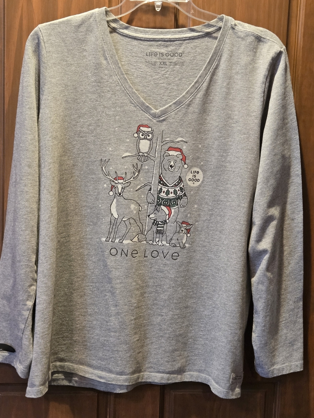 Life Is Good Grey V-Neck 'One Love' Holiday Animal Tee